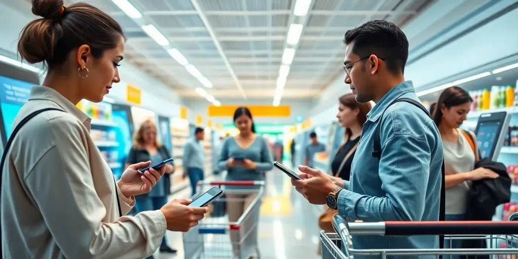 Futuristic shopping scene with customers and smart technology.
