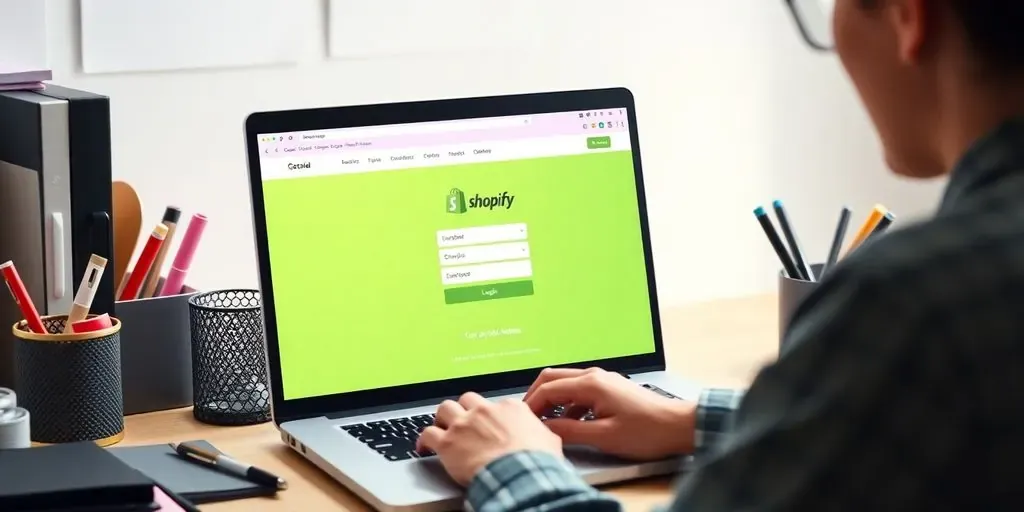 Person logging into Shopify on a laptop.
