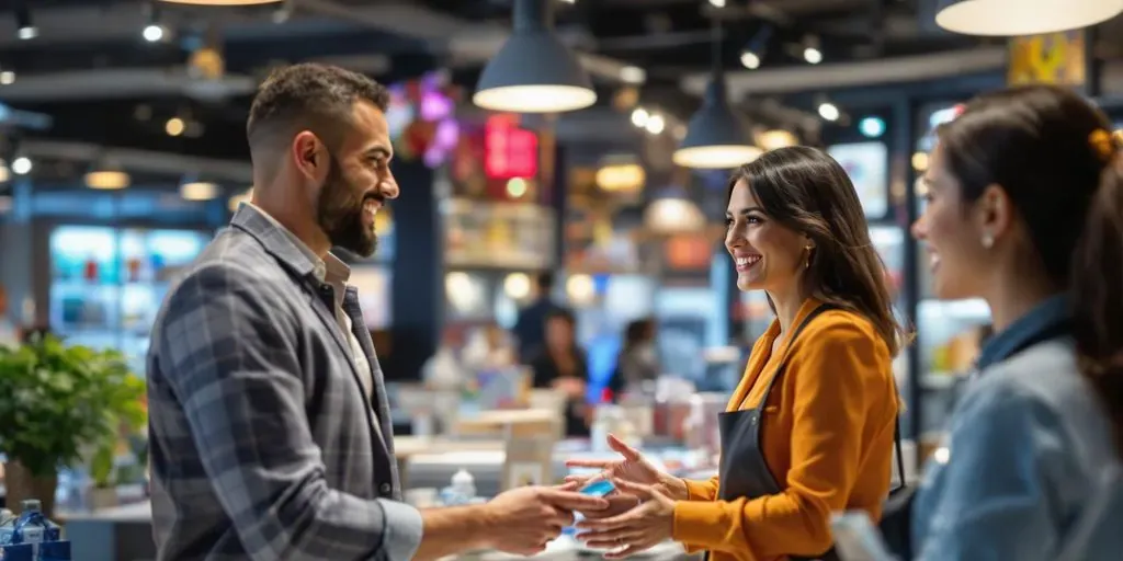Salesperson interacting with customer in a modern store.