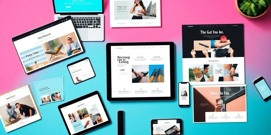 Colorful Squarespace templates displayed on various devices.