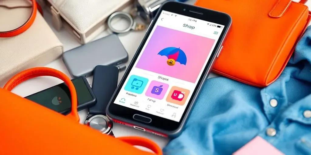 Smartphone with Shop App on screen and shopping items.