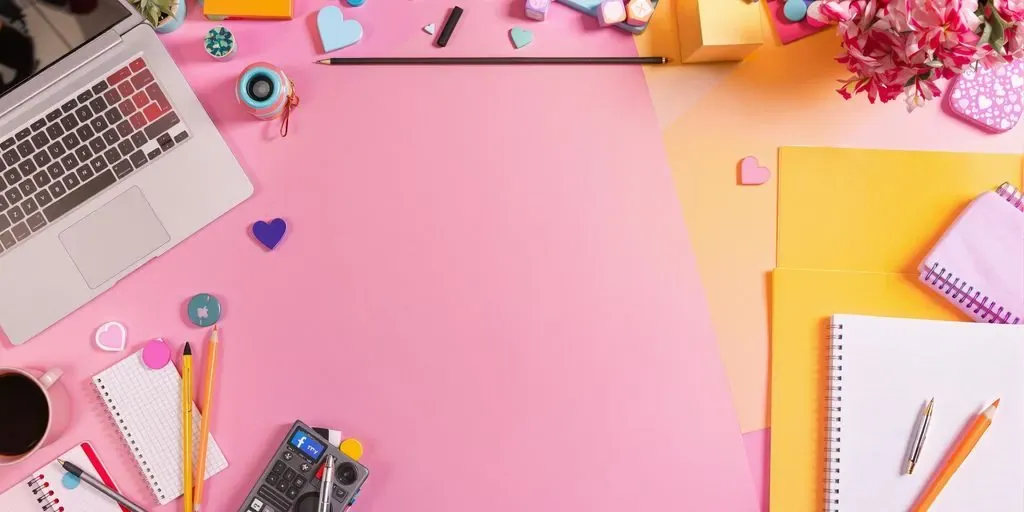 A bright workspace with a laptop and colorful stationery.