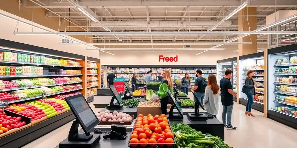 Modern grocery store checkout with sleek POS terminals.