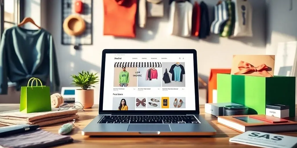 E-commerce workspace with laptop and products on desk.