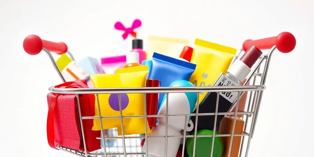 Colorful e-commerce cart filled with various products.