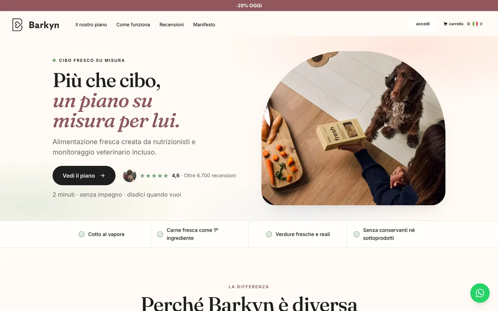 Home de la tienda Shopify de Barkyn en barkyn.com: un spaniel junto a un paquete de comida fresca para perros