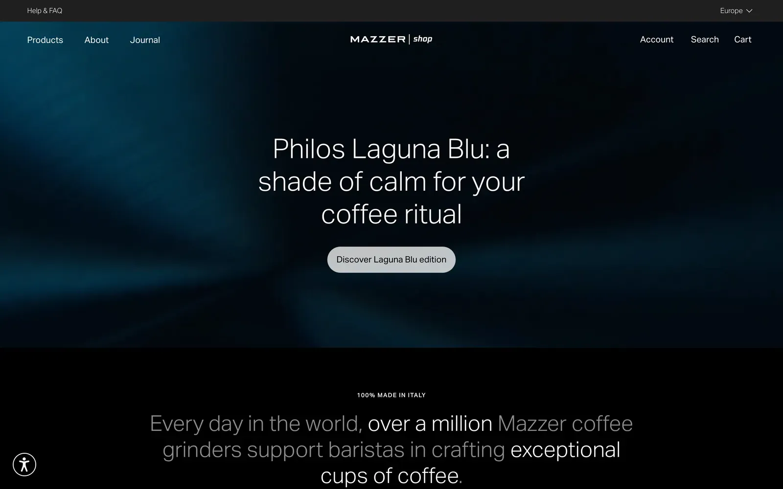 Home de la tienda Shopify de Mazzer en shop.mazzer.com: el hero del molino Philos Laguna Blu
