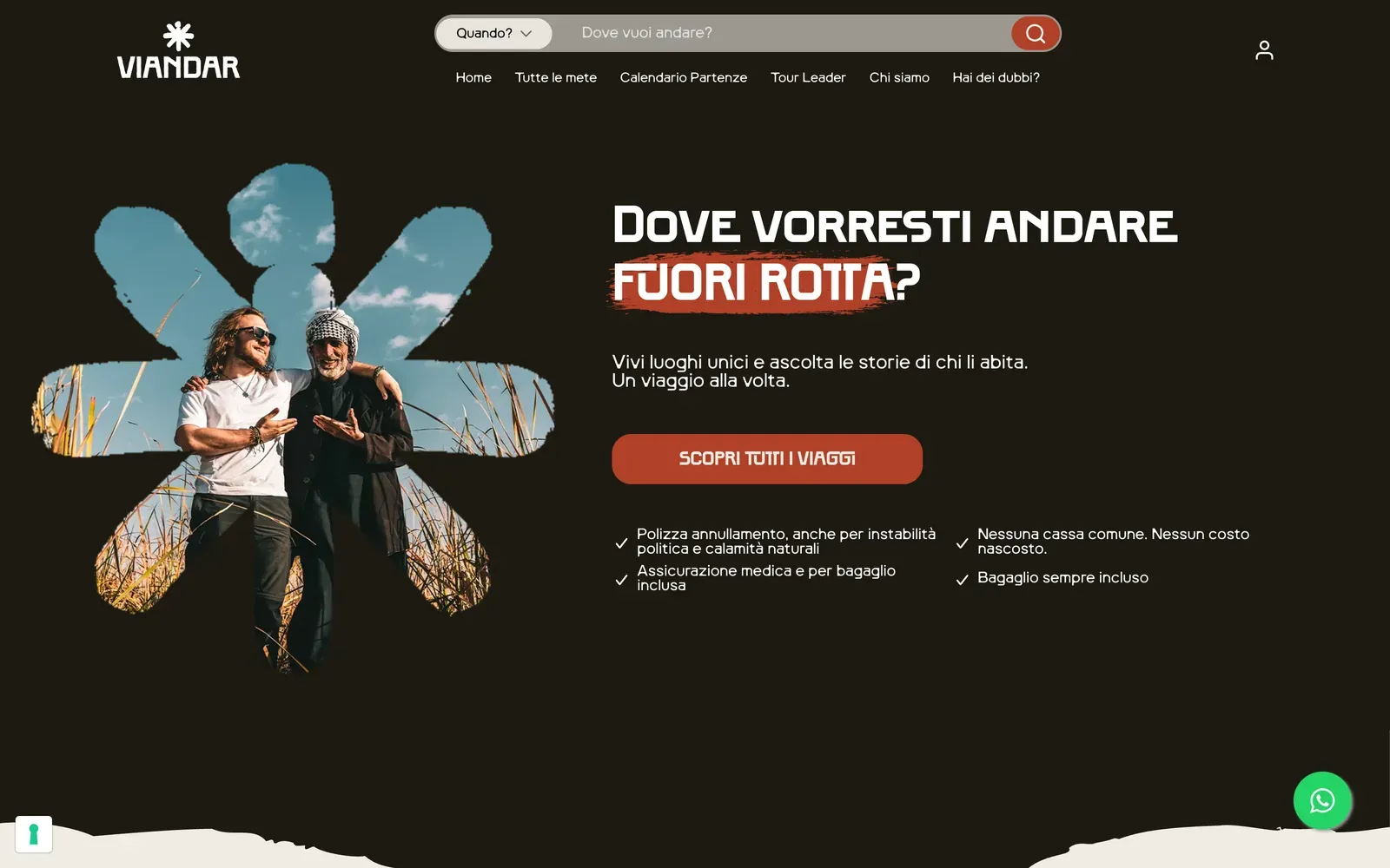 Home de la tienda Shopify de Viandar en viandar.it: el hero de viajes con un buscador de viajes