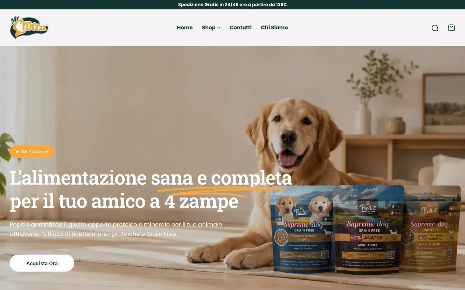 Home de la tienda Shopify de Mr Crocca en mrcrocca.com: el hero con un perro y paquetes de comida para mascotas