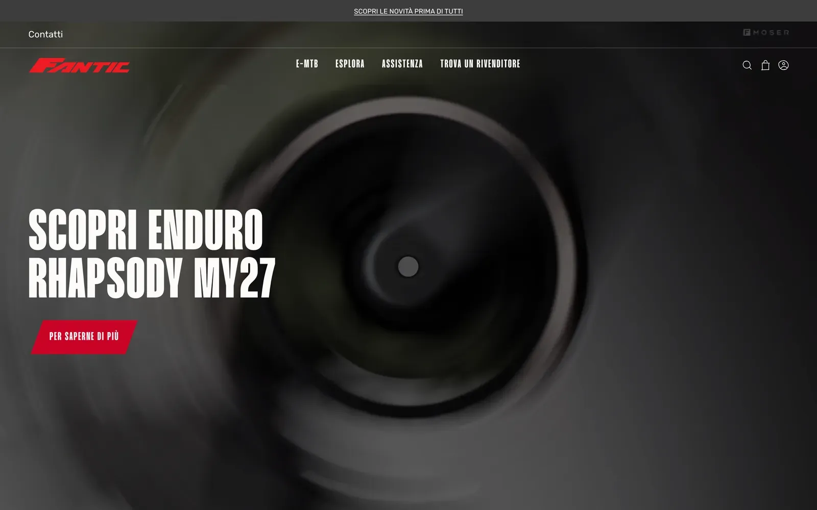 Home de la tienda Shopify de Fantic Bikes en fanticbikes.com: un hero de vídeo oscuro para la Enduro Rhapsody MY27