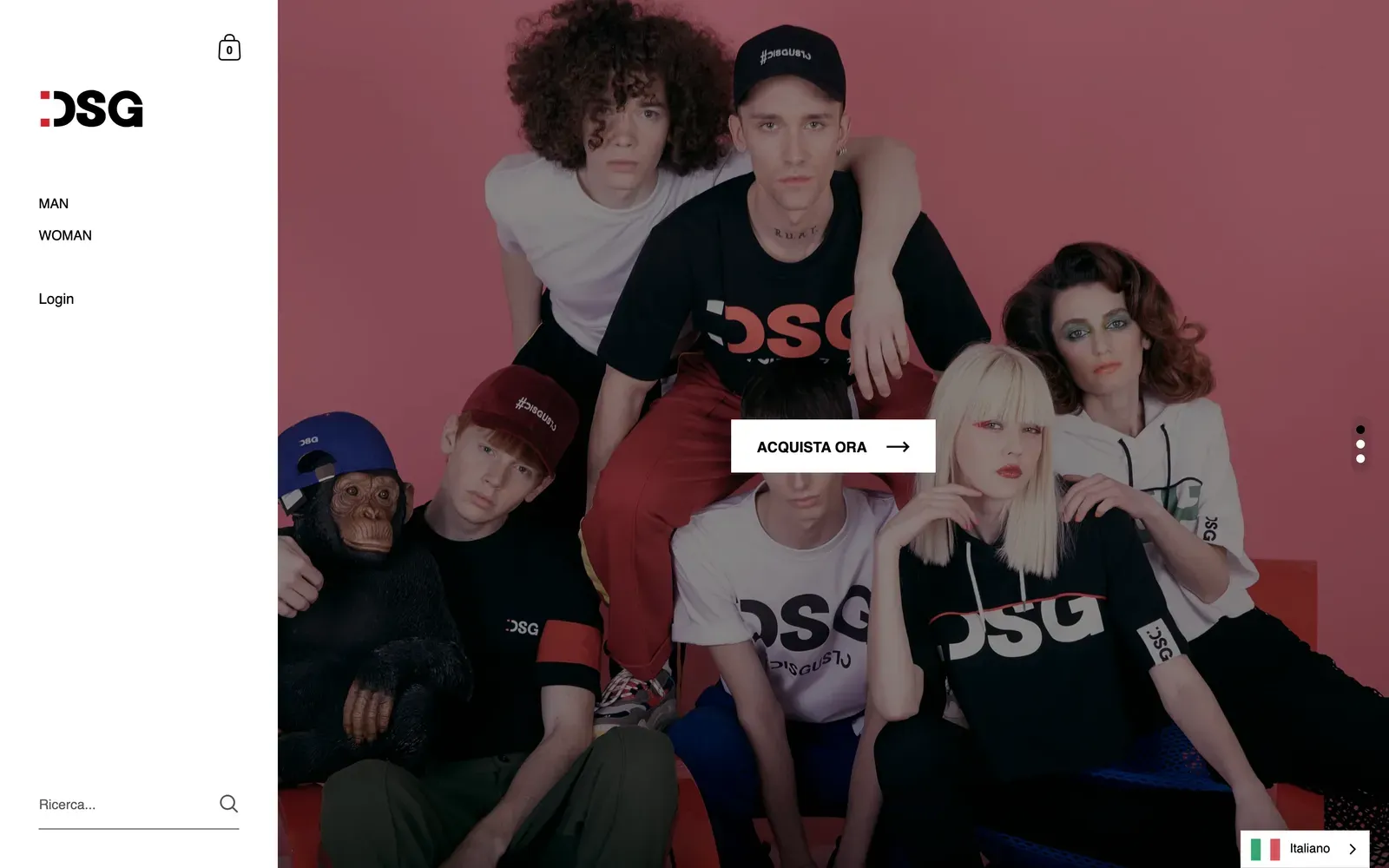Home de la tienda Shopify de DSG Streetwear en shop.dsgstreetwear.com: una barra lateral izquierda con Man y Woman junto a una foto a sangre de modelos con camisetas del logo DSG en un set rosa, con un botón Shop now