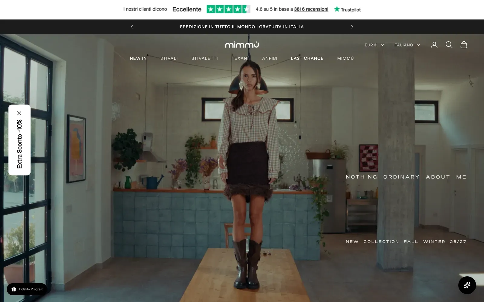 Home de la tienda Shopify de Mimmù en mimmu.it: una foto a todo ancho de la campaña de botas