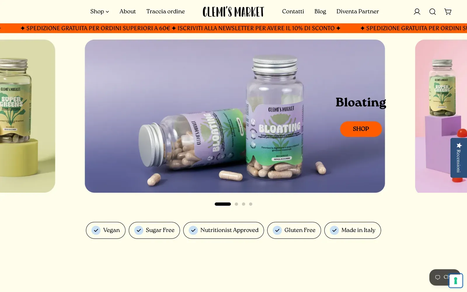 Home de la tienda Shopify de Clemi's Market en clemismarket.com: botes de cápsulas Bloating sobre fondo lila y sellos de confianza de vegano, sin azúcar, sin gluten y hecho en Italia