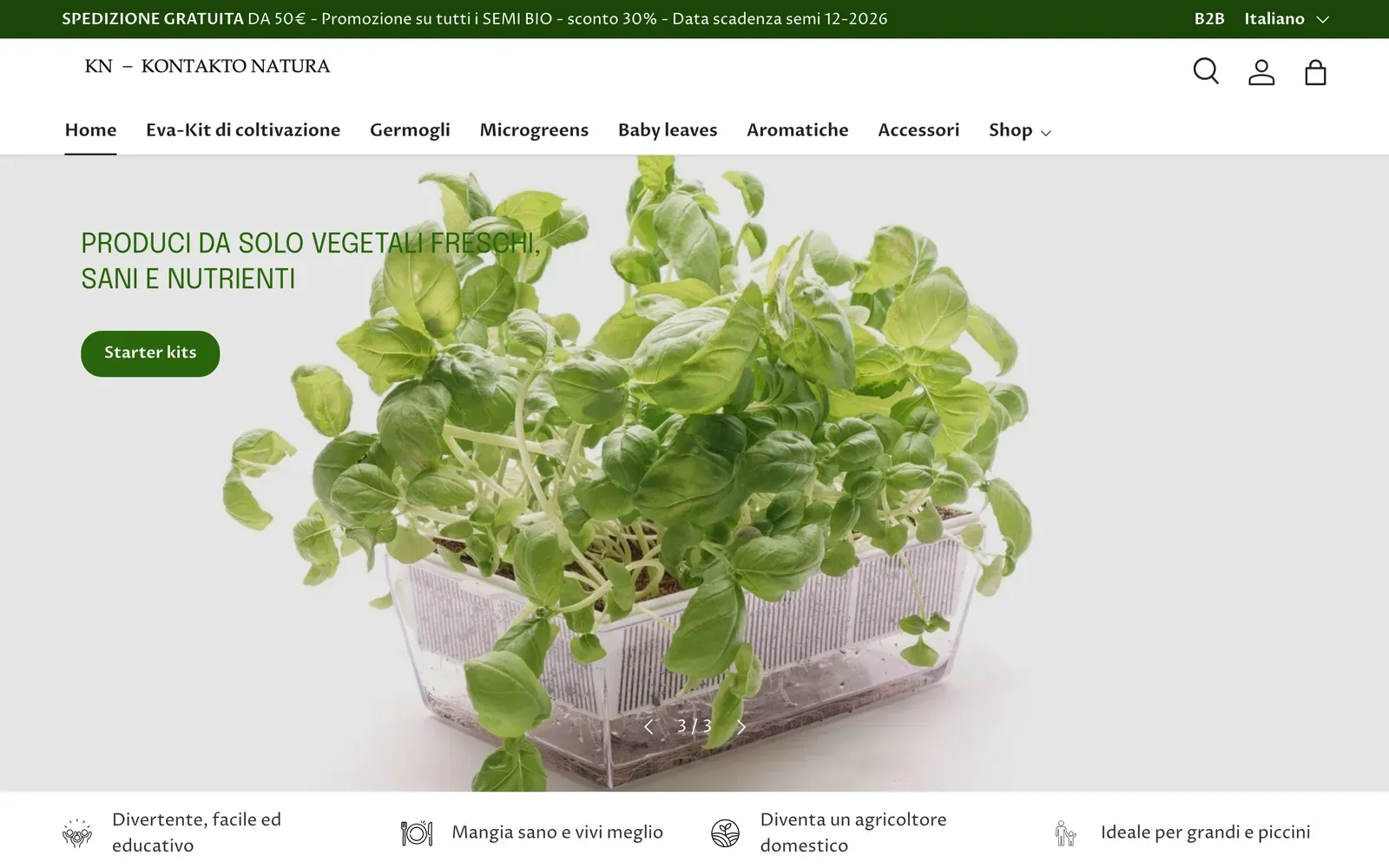 Home de la tienda Shopify de Kontakto Natura en kontaktonatura.com: microgreens de albahaca creciendo en una bandeja transparente de EVA con un botón Starter kits