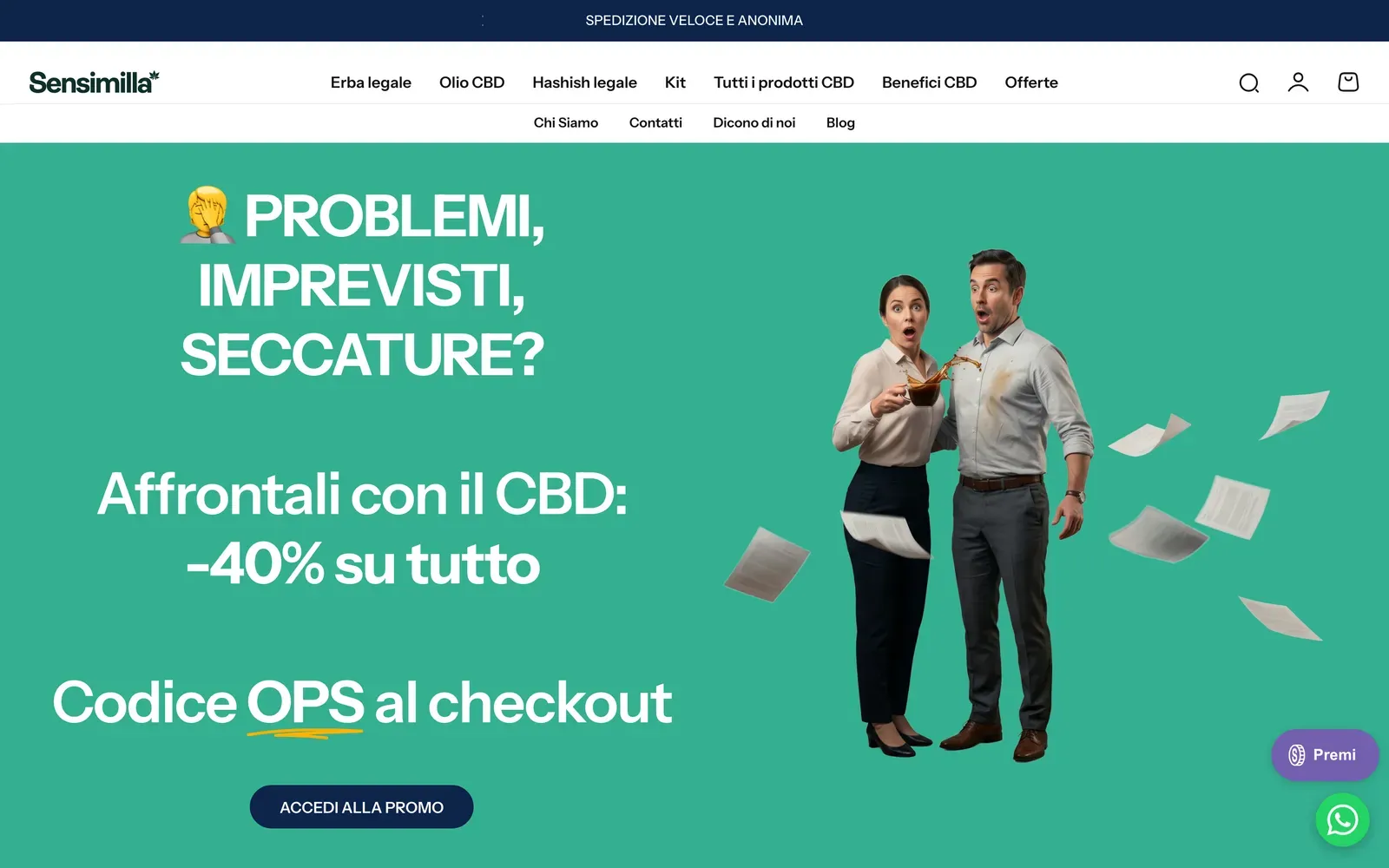 Home de la tienda Shopify de Sensimilla en sensimilla.shop: un hero verde de promoción de CBD con una pareja derramando café