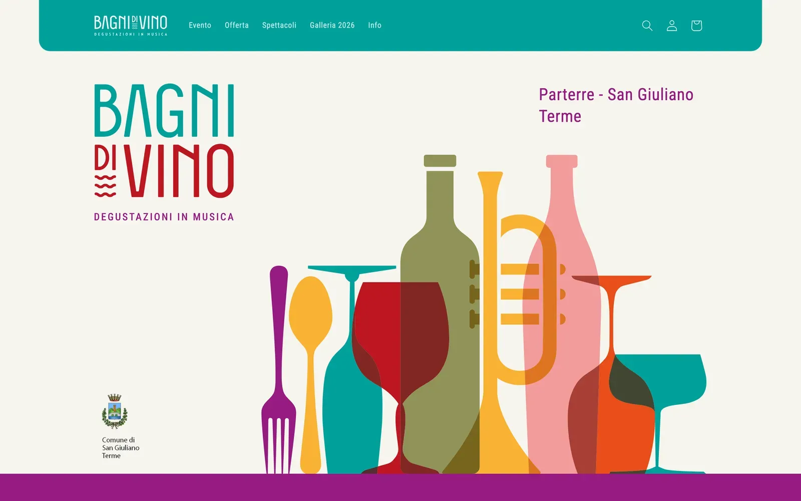 Home de la tienda Shopify de Bagni di Vino en bagnidivino.it: una cabecera verde azulada con el logo Degustazioni in musica, Parterre - San Giuliano Terme, una ilustración plana de botellas de vino, copas y una trompeta, y el escudo del Comune di San Giuliano Terme