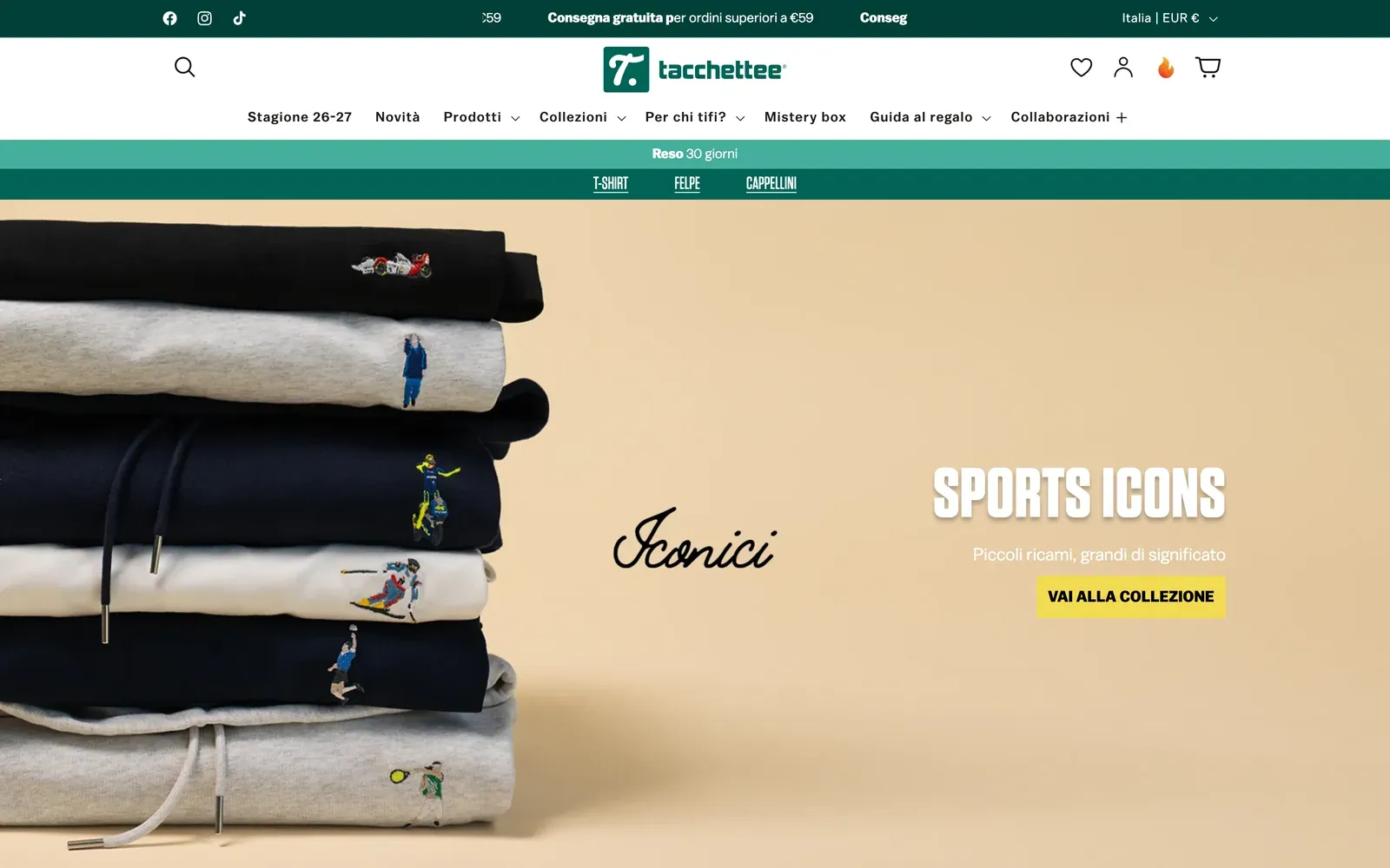 Home de la tienda Shopify de Tacchettee en tacchettee.it: el banner de la colección Sports icons