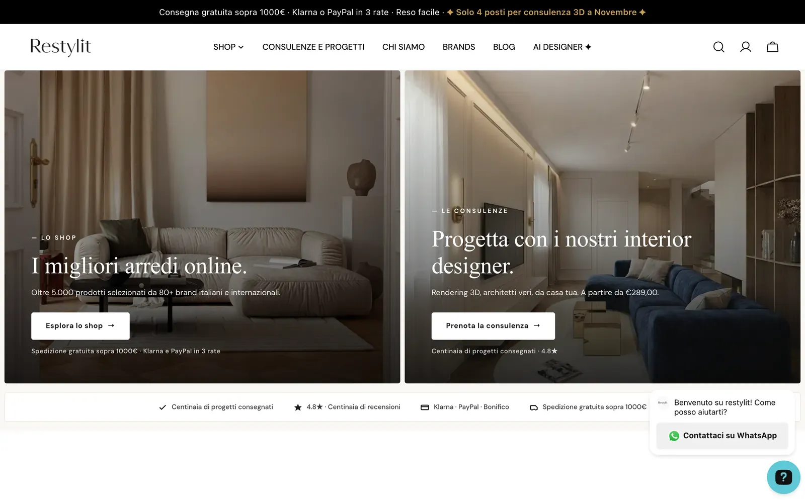 Home de la tienda Shopify de Restylit en restylit.com: el hero dividido entre mobiliario y consultas de interiorismo