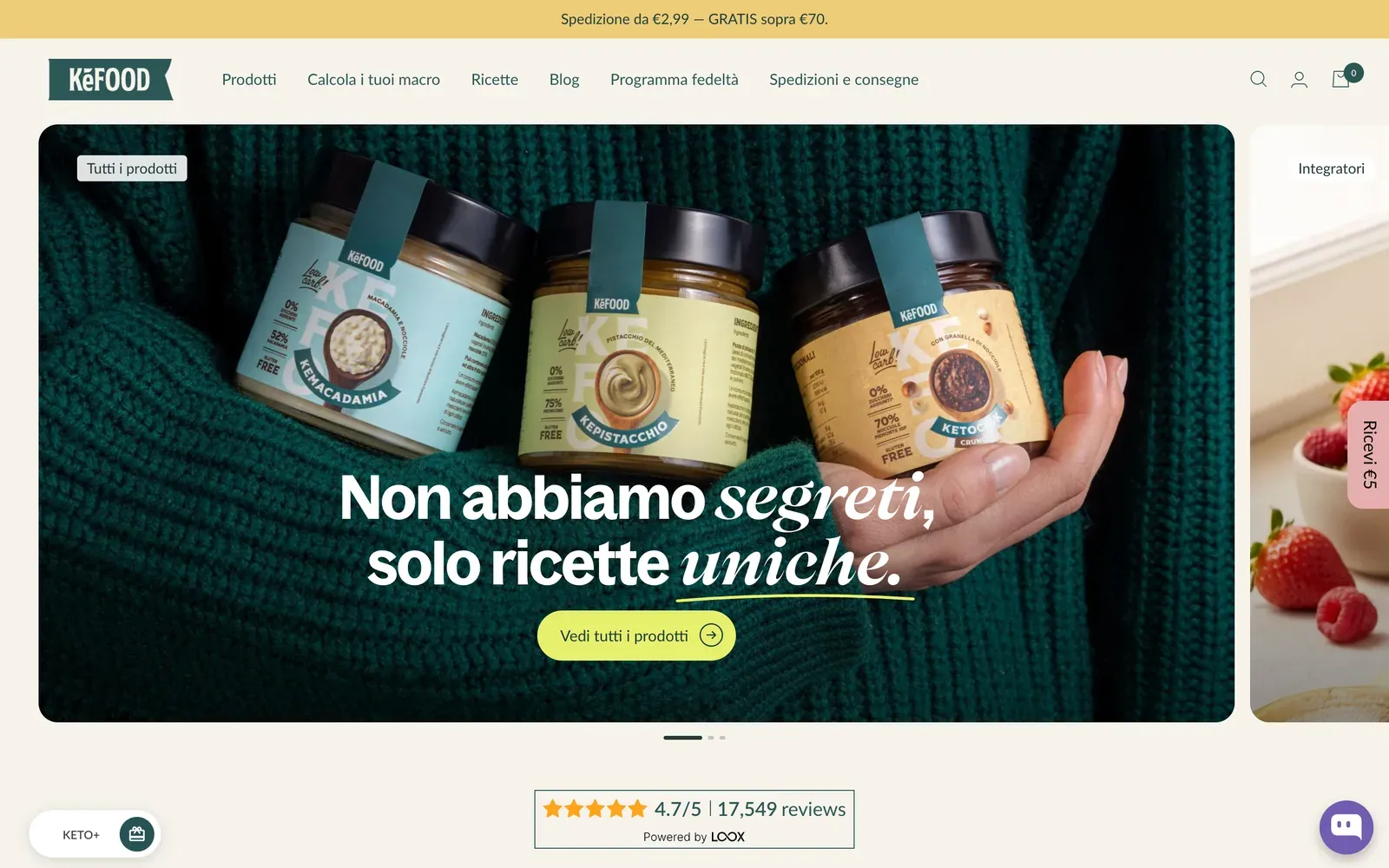 Home de la tienda Shopify de Kefood en kefood.it: el hero con tres tarros de cremas low-carb