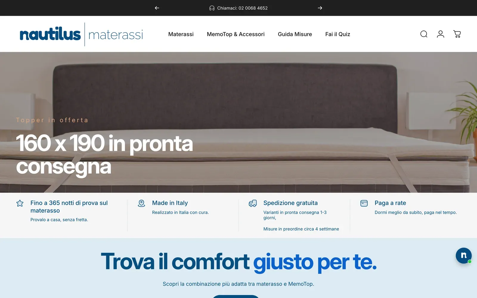 Home de la tienda Shopify de Nautilus Sleep en nautilussleep.com: un hero de topper de colchón sobre una cama y una fila de beneficios