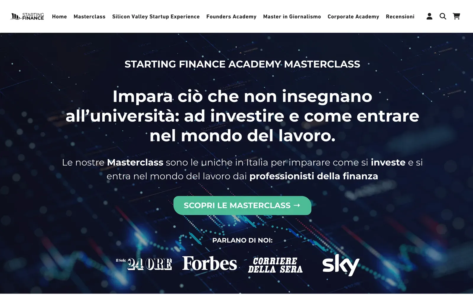 Home de la tienda Shopify de Starting Finance Academy, archivada en febrero de 2025: un hero azul oscuro de masterclass y logos de prensa