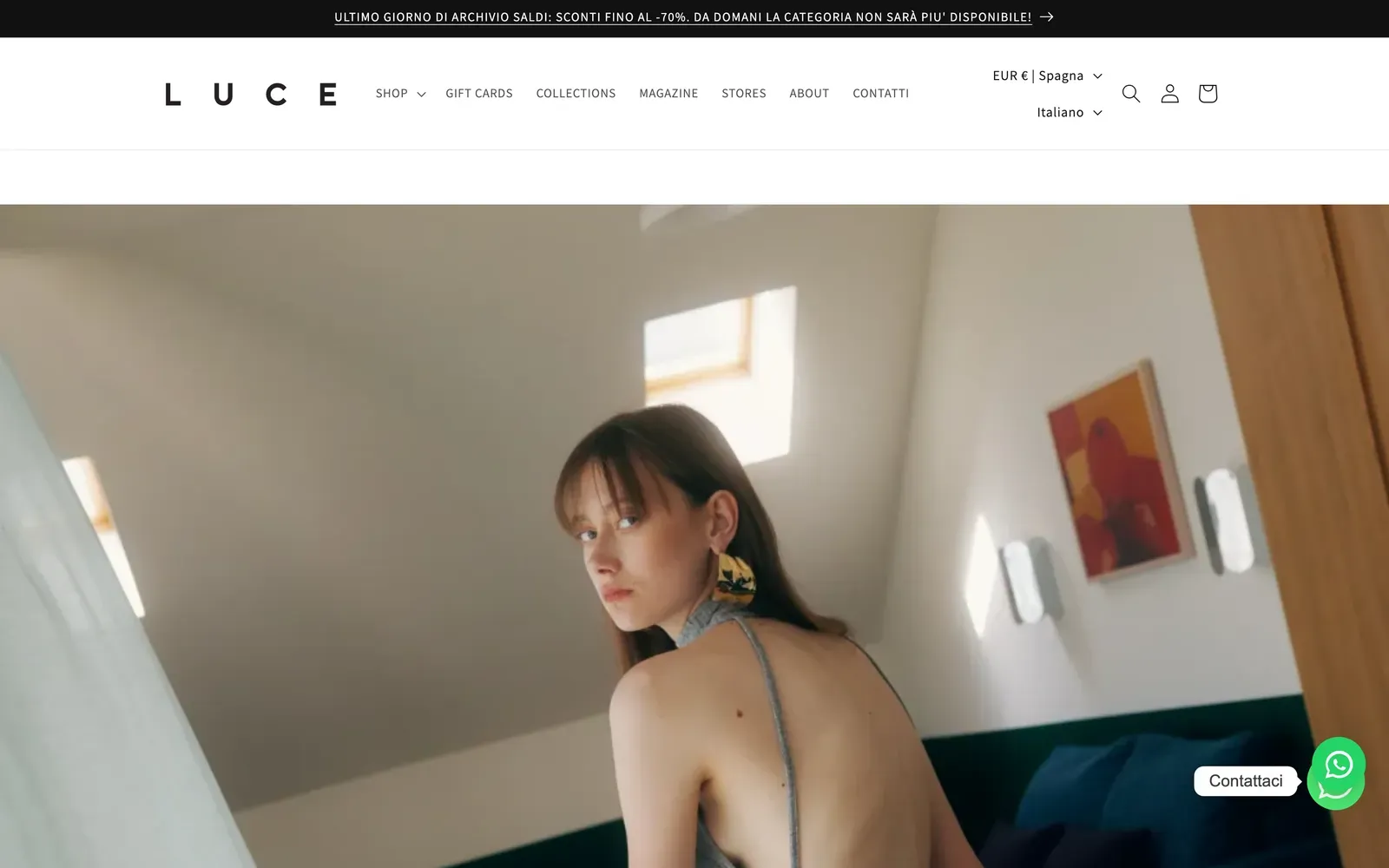 Home de la tienda Shopify de Luce Studio en luce-studio.com: la cabecera L U C E sobre una foto editorial a sangre de una modelo