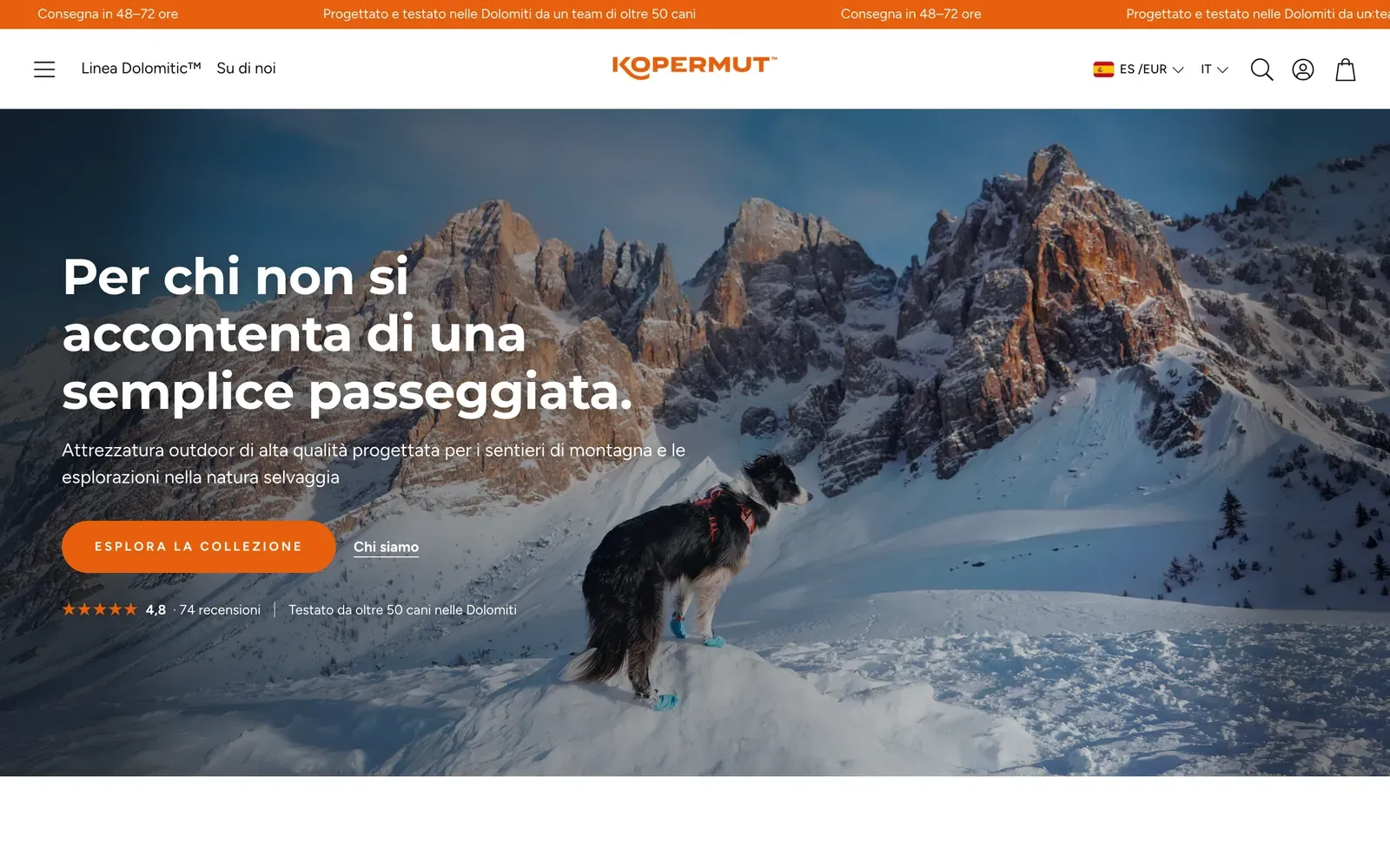 Home de la tienda Shopify de Kopermut en kopermut.com: un border collie con un arnés rojo en una cresta nevada de los Dolomitas, con 4,8 estrellas de 74 reseñas