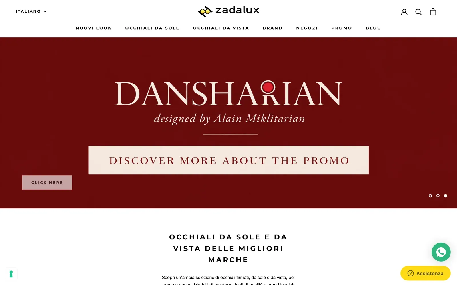 Home de la tienda Shopify de Zadalux en zadalux.com: el menú de gafas y una diapositiva promocional rojo oscuro de gafas de sol de diseño
