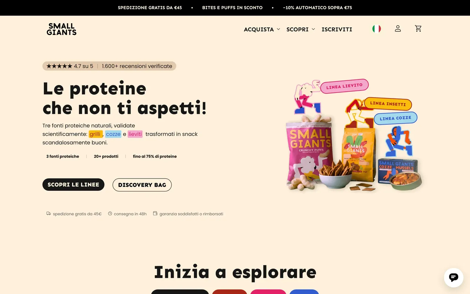 Home de la tienda Shopify de Small Giants en eatsmallgiants.com: personajes ilustrados saltando sobre paquetes de Crunchy Puffs, crackers de grillo y mejillones, con 4,7 estrellas de más de 1.600 reseñas
