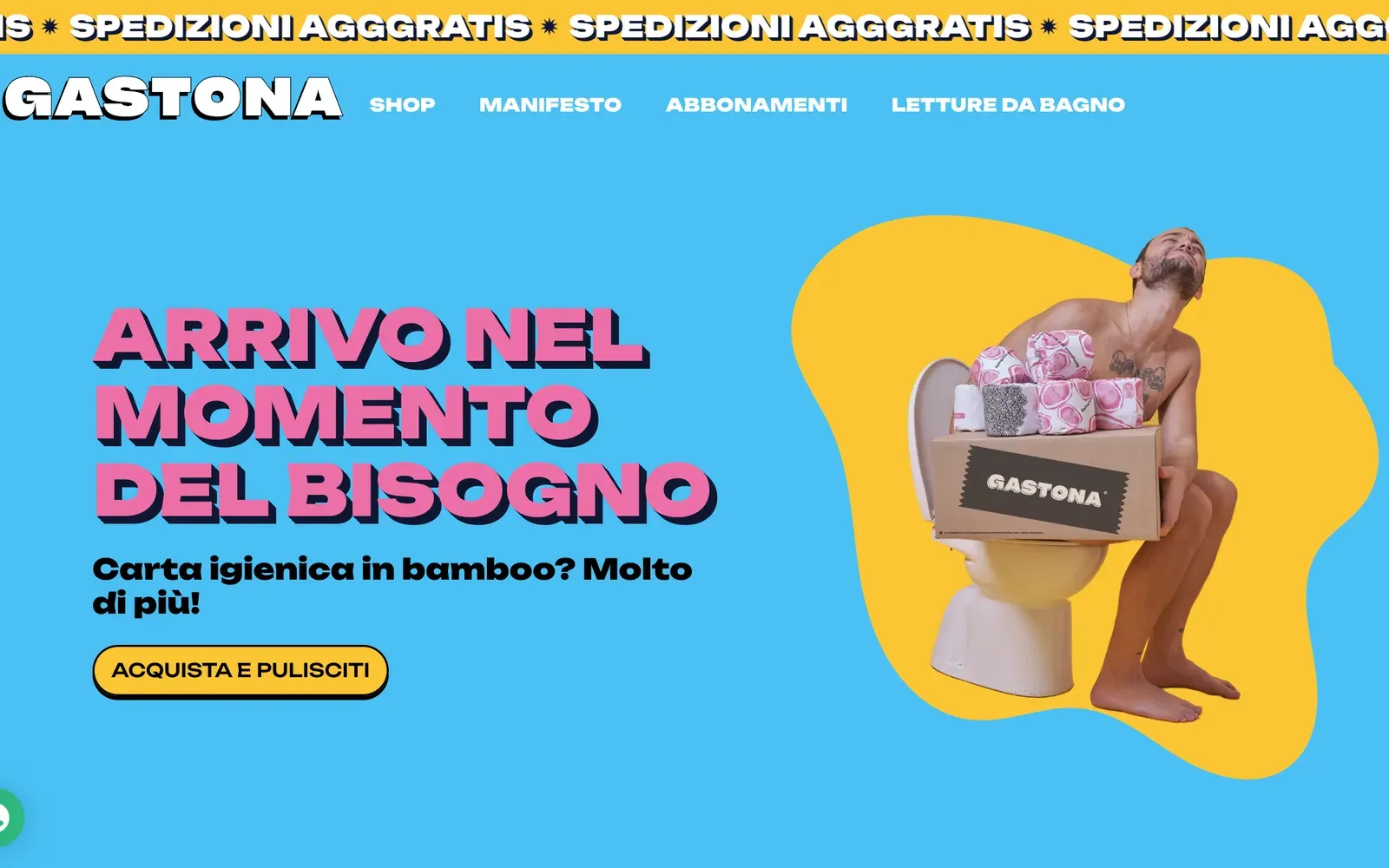 Home de la tienda Shopify de Gastona en gastona.it: el hero ilustrado con la mascota de la marca