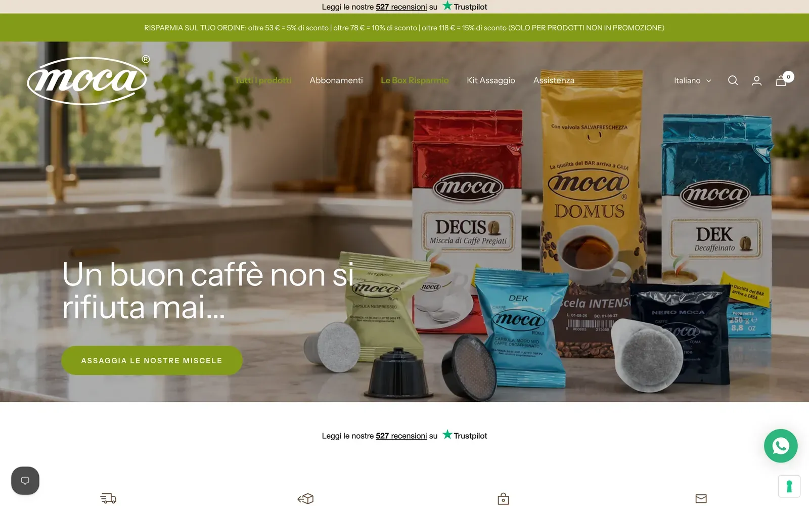 Home de la tienda Shopify de Caffè Moca en caffemoca.it: una barra de Trustpilot, el logo moca y una foto de cocina con bolsas de café Moca, cápsulas y monodosis, con el botón Assaggia le nostre miscele