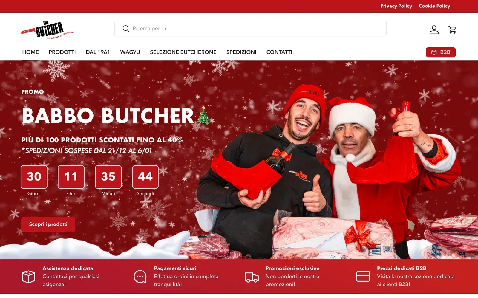 Home de la tienda Shopify de Macelleria Callegari, archivada en diciembre de 2024: el logo The Butcher, un botón B2B y un hero de promoción navideña con cuenta atrás