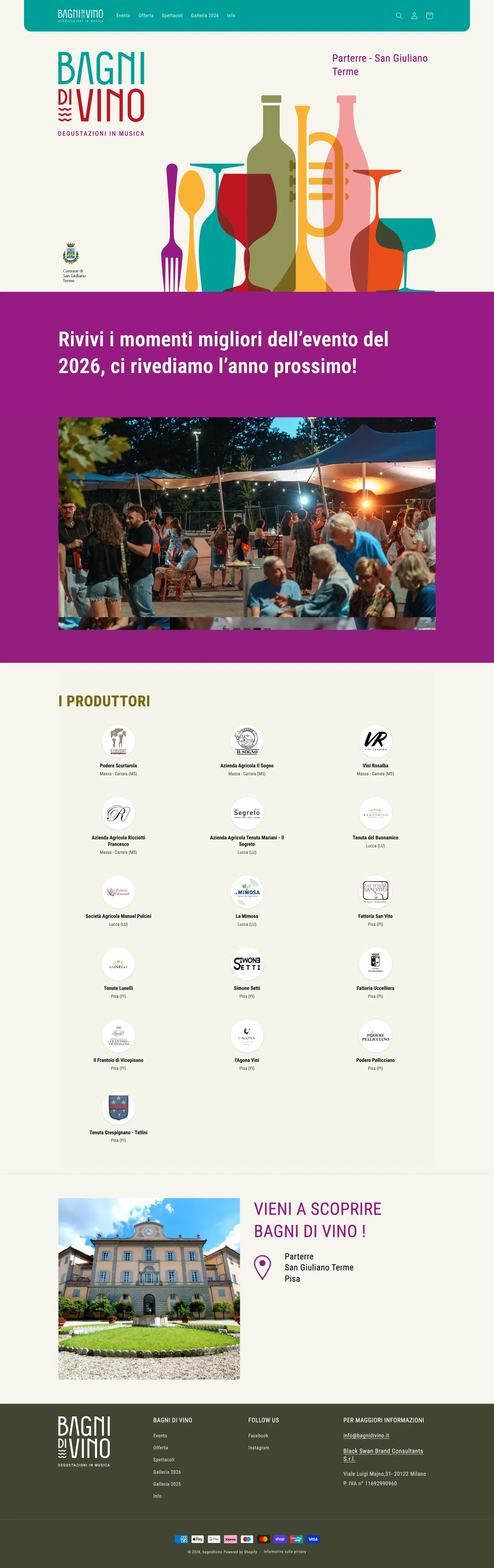 Home page completa dello store Shopify di Bagni di Vino