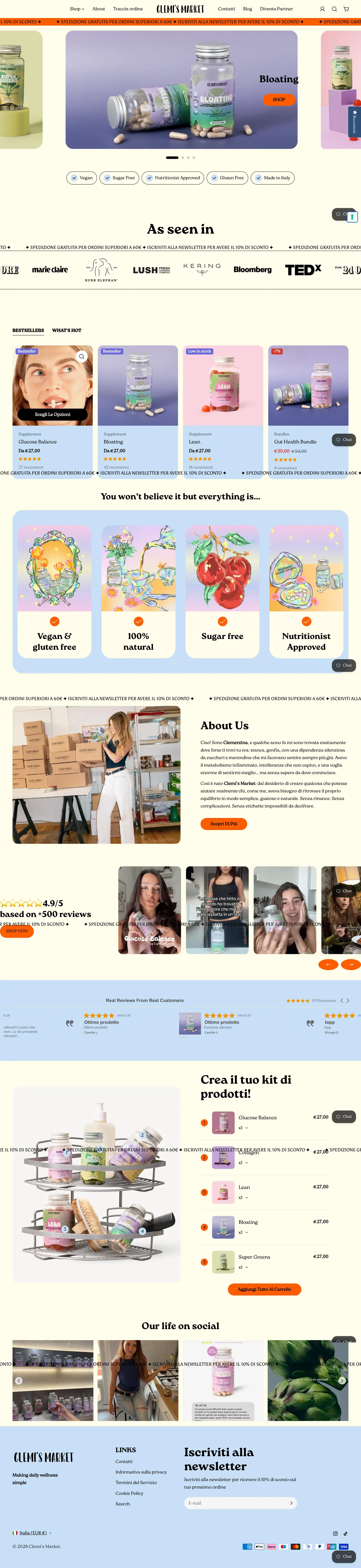 Home page completa dello store Shopify di Clemi's Market