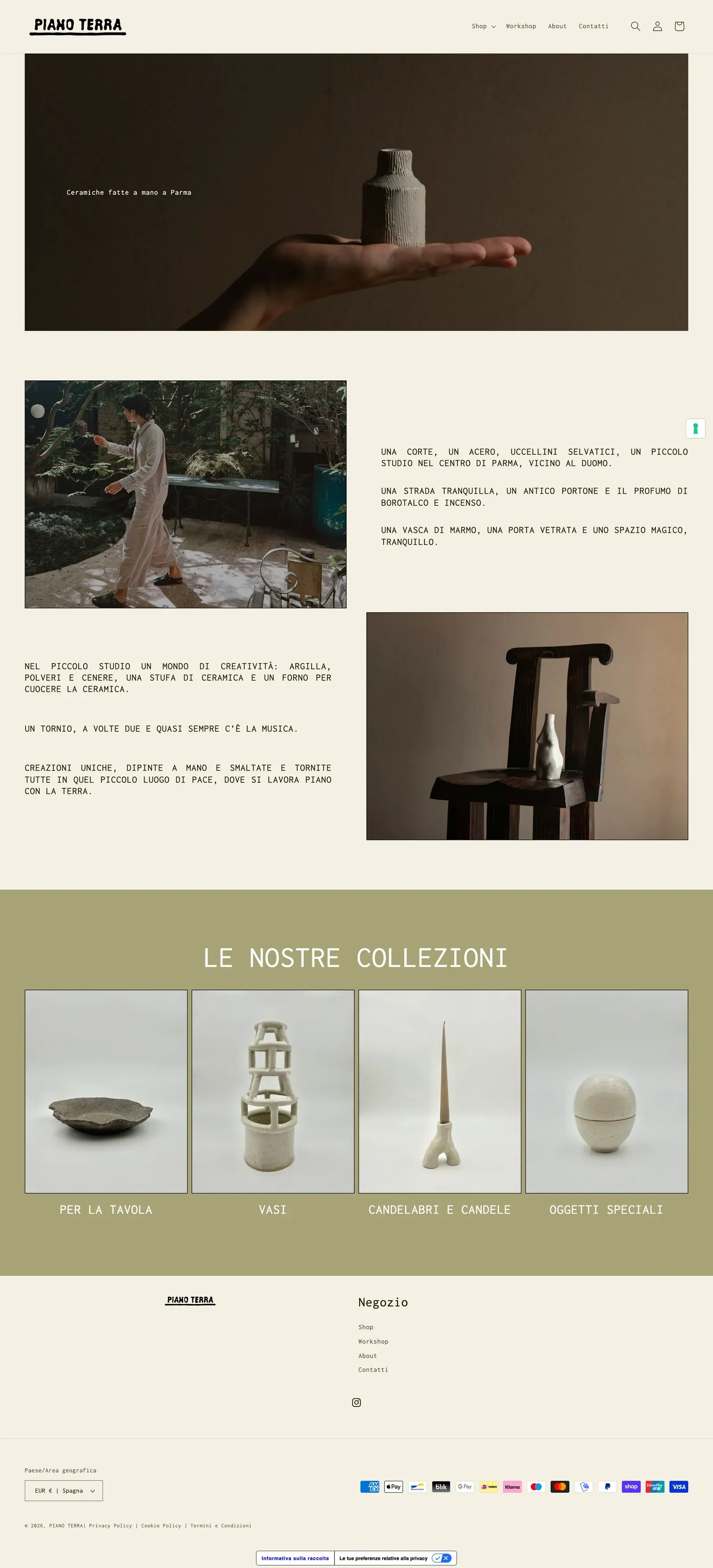 Full home page of the Piano Terra Ceramiche Shopify store