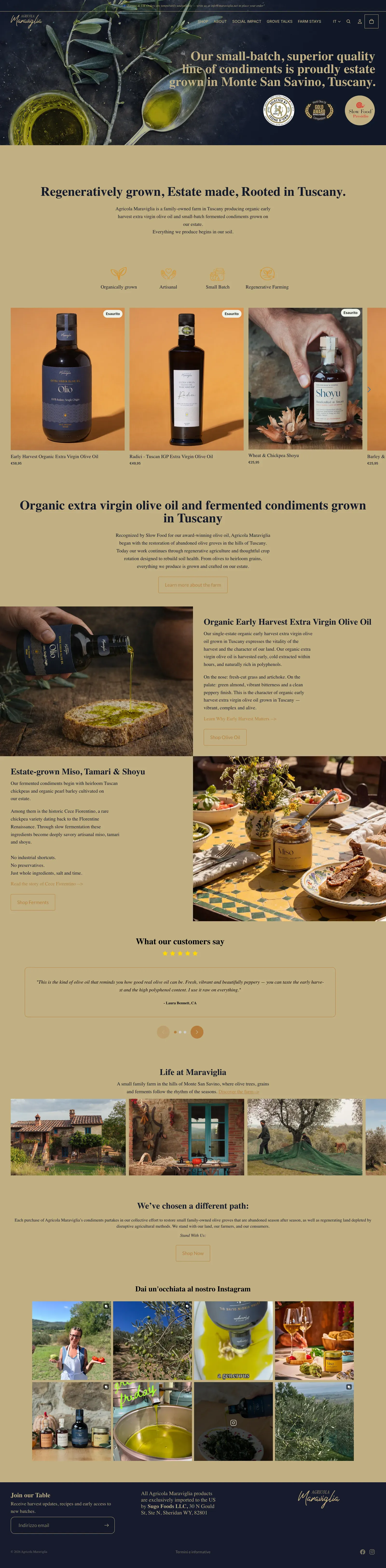 Página de inicio completa de la tienda Shopify de Agricola Maraviglia