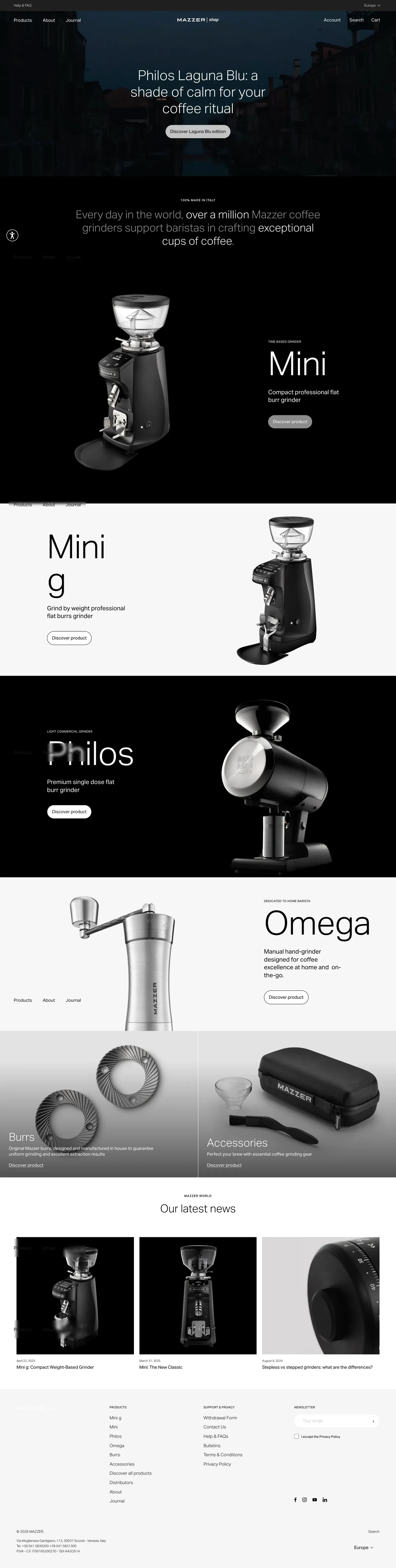Full home page of the Mazzer Shopify store