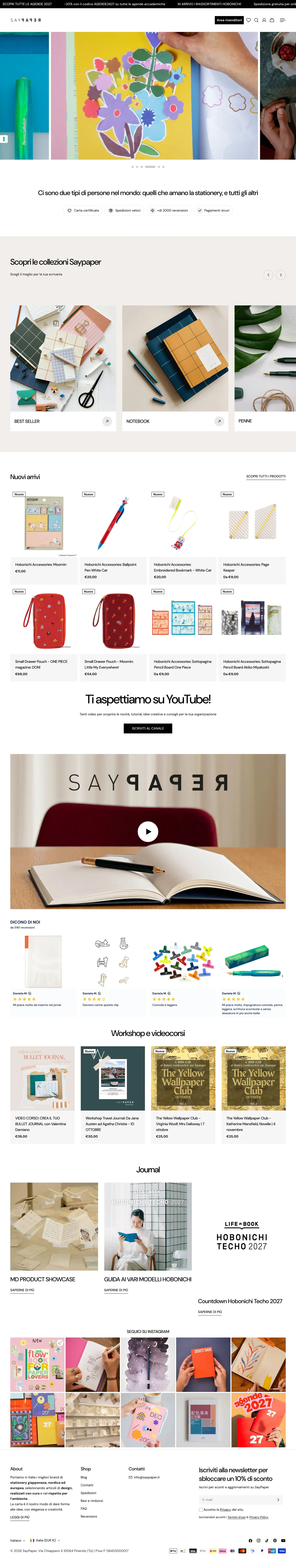 Full home page of the SayPaper Shopify store