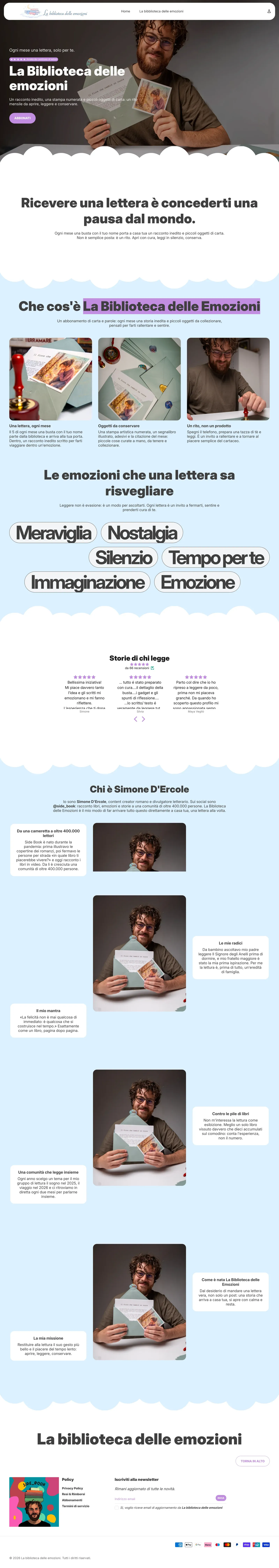 Full home page of the La Biblioteca delle Emozioni Shopify store