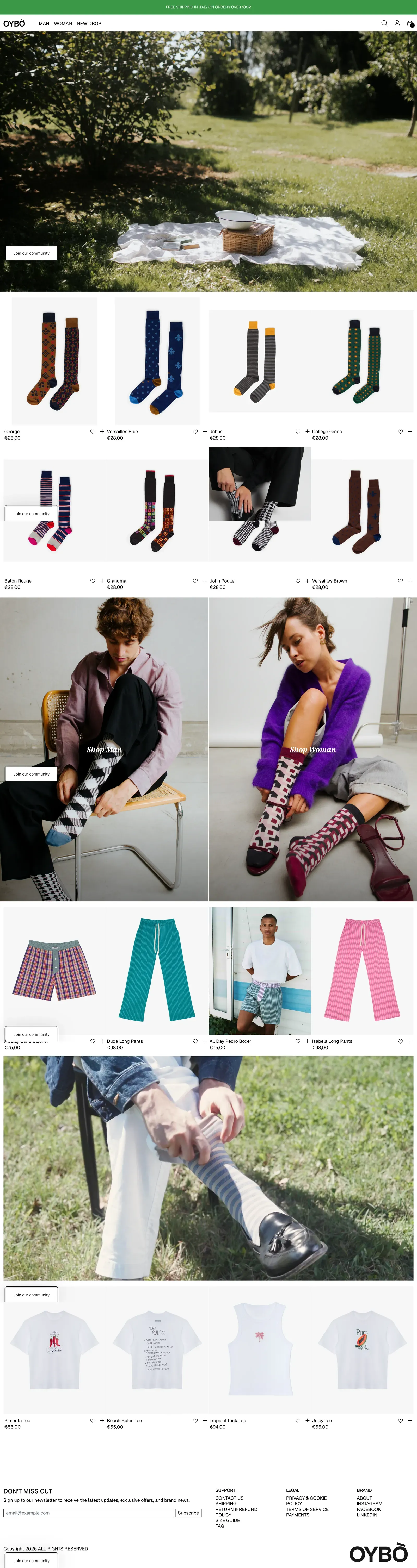 Full home page of the Oybò Shopify store