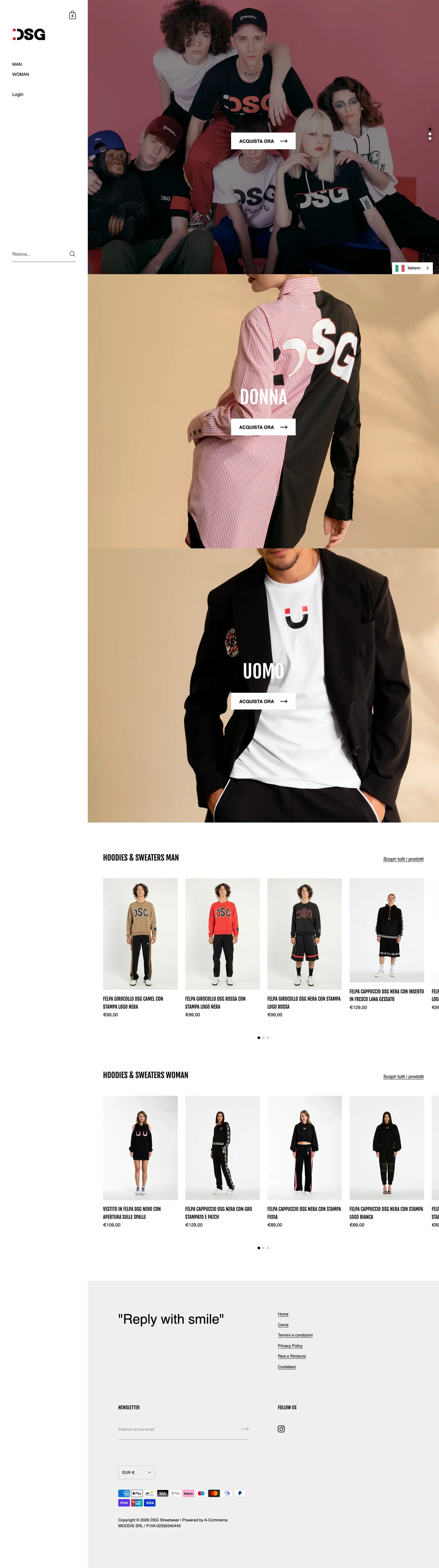 Full home page of the DSG Streetwear Shopify store