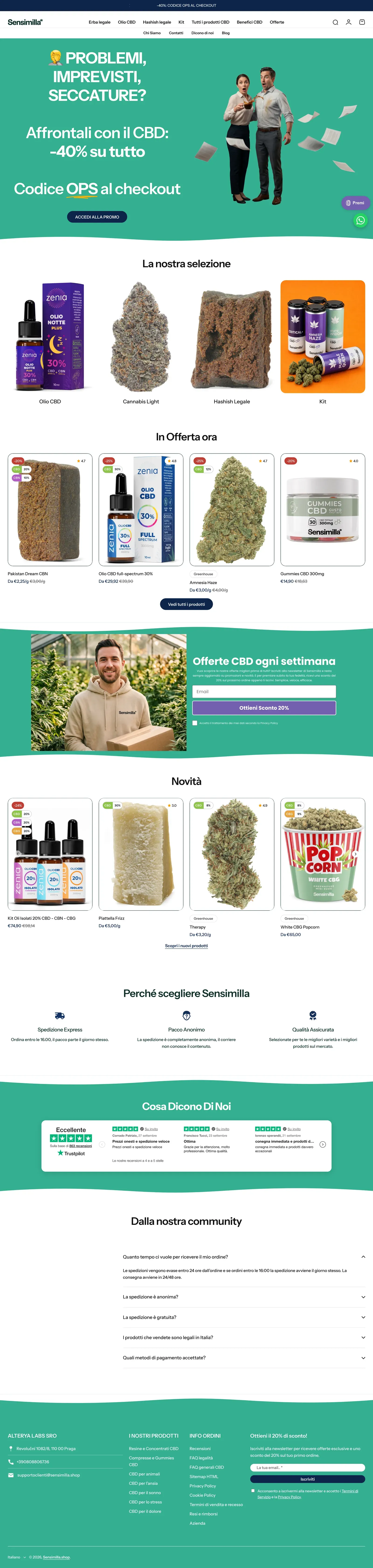 Home page completa dello store Shopify di Sensimilla