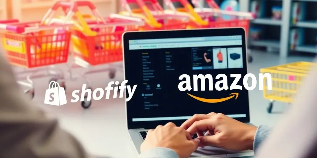 Person using laptop for Shopify and Amazon integration.