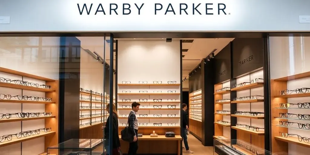 Stylish Warby Parker store with elegant eyewear displays.