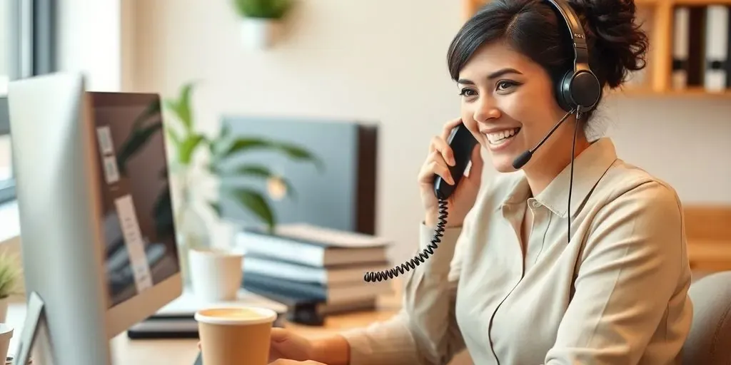Customer service representative on a call in an office.