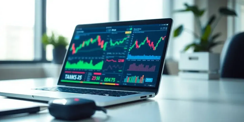 Modern office with laptop and financial analysis tools.