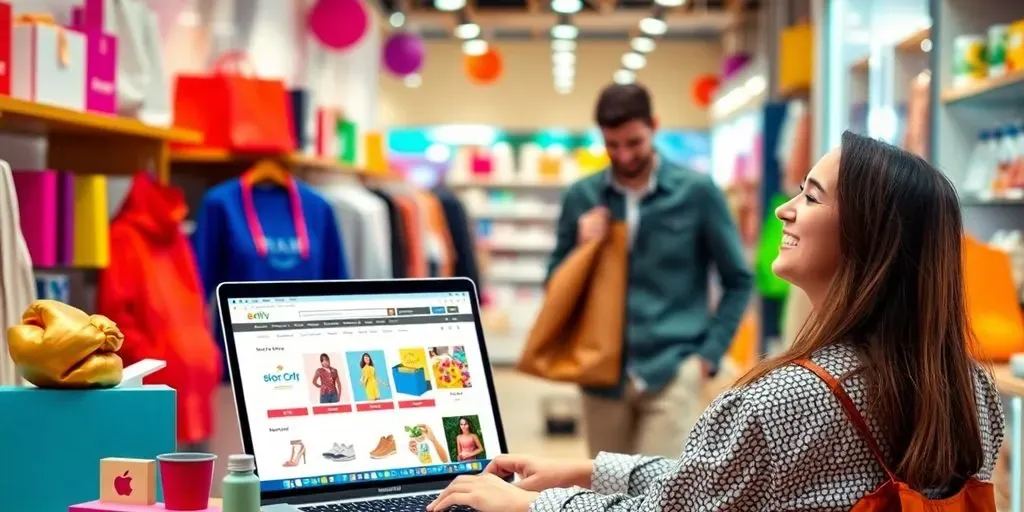 Person shopping online with a laptop and colorful products.