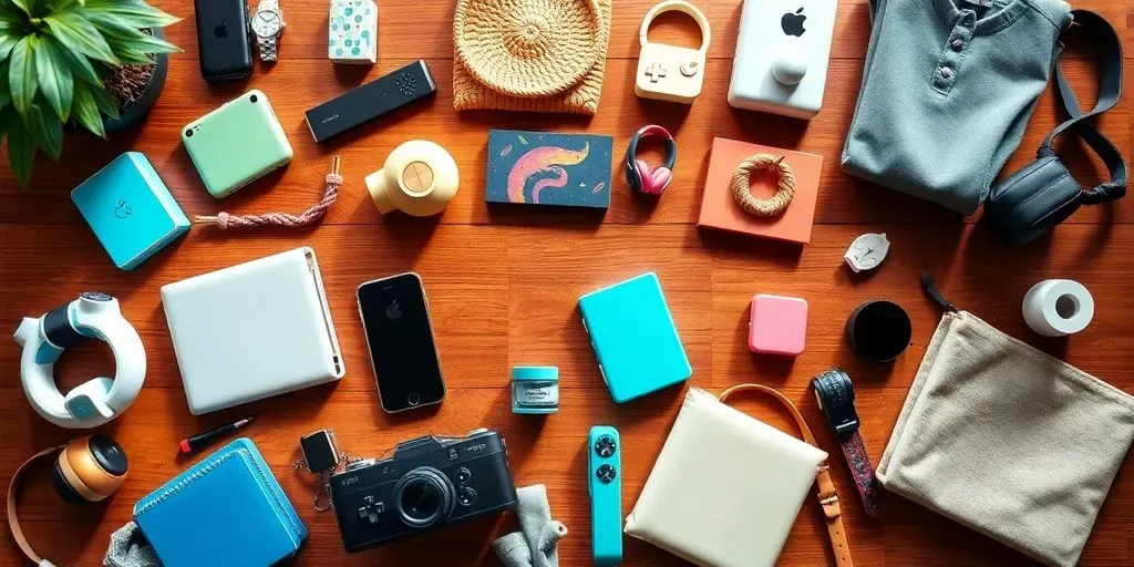 Flat lay of trending dropshipping products on a table.