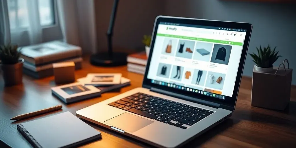 Workspace with laptop, products, and notepad for dropshipping.