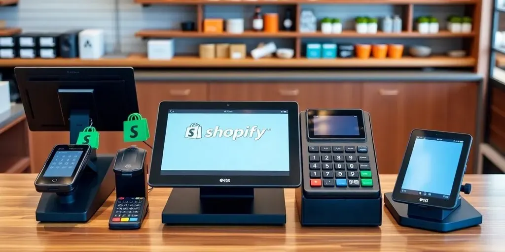 Shopify POS hardware on a wooden countertop.
